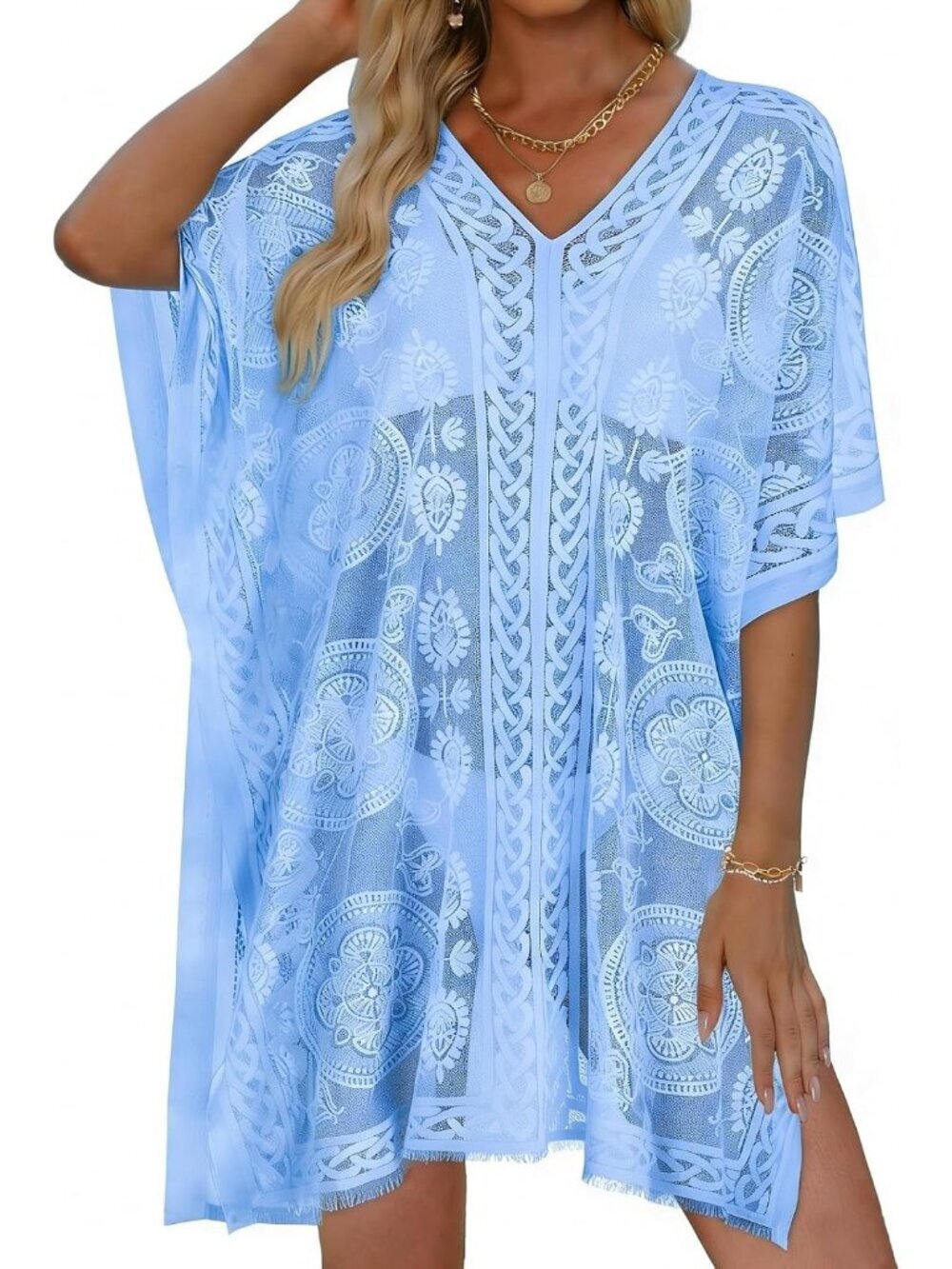 〽️Womens Sky Blue V Neck Beach Loose Bikini Lace Bathing Suit Polyester Cover Up